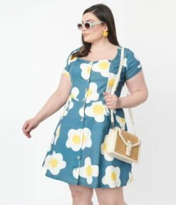 Unique Vintage Plus Size Blue Denim & Egg Flower Print Fit & Flare Dress -Pleaser Clothing Store unique vintage plus size blue denim egg flower print fit flare dress 991802