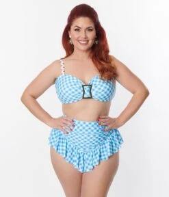 Unique Vintage Plus Size Blue Gingham Ruffle High Waist Swim Bottom -Pleaser Clothing Store unique vintage plus size blue gingham ruffle high waist swim bottom 459580