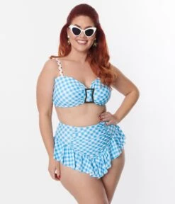 Unique Vintage Plus Size Blue Gingham Ruffle High Waist Swim Bottom -Pleaser Clothing Store unique vintage plus size blue gingham ruffle high waist swim bottom 463014