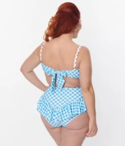 Unique Vintage Plus Size Blue Gingham Ruffle High Waist Swim Bottom -Pleaser Clothing Store unique vintage plus size blue gingham ruffle high waist swim bottom 663926