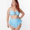 Unique Vintage Plus Size Blue Gingham Ruffle High Waist Swim Bottom