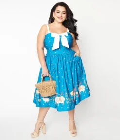 Unique Vintage Plus Size Blue & White Farm Border Golightly Swing Dress -Pleaser Clothing Store unique vintage plus size blue white farm border golightly swing dress 428428