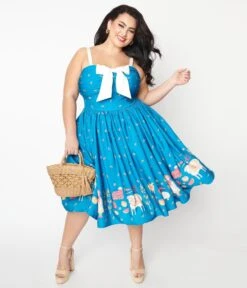 Unique Vintage Plus Size Blue & White Farm Border Golightly Swing Dress -Pleaser Clothing Store unique vintage plus size blue white farm border golightly swing dress 781590