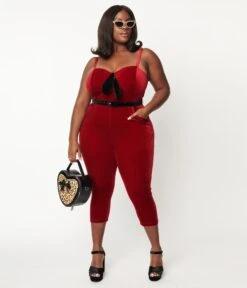 Unique Vintage Plus Size Burgundy Velvet Cropped Jumpsuit -Pleaser Clothing Store unique vintage plus size burgundy velvet cropped jumpsuit 218076