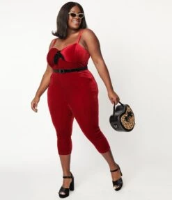 Unique Vintage Plus Size Burgundy Velvet Cropped Jumpsuit -Pleaser Clothing Store unique vintage plus size burgundy velvet cropped jumpsuit 415397