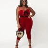 Unique Vintage Plus Size Burgundy Velvet Cropped Jumpsuit