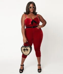 Unique Vintage Plus Size Burgundy Velvet Cropped Jumpsuit