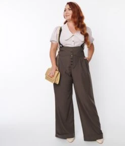 Unique Vintage Plus Size Charcoal Grey Thelma Suspender Pants -Pleaser Clothing Store unique vintage plus size charcoal grey thelma suspender pants 448457