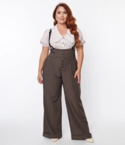 Unique Vintage Plus Size Charcoal Grey Thelma Suspender Pants -Pleaser Clothing Store unique vintage plus size charcoal grey thelma suspender pants 487625