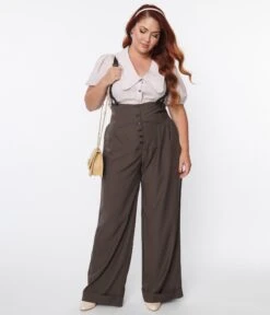 Unique Vintage Plus Size Charcoal Grey Thelma Suspender Pants