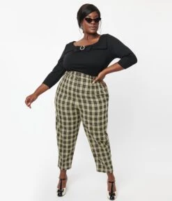 Unique Vintage Plus Size Cream & Black Plaid Front Pleat Pants -Pleaser Clothing Store unique vintage plus size cream black plaid front pleat pants 346100