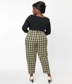 Unique Vintage Plus Size Cream & Black Plaid Front Pleat Pants -Pleaser Clothing Store unique vintage plus size cream black plaid front pleat pants 399635