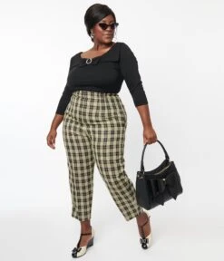 Unique Vintage Plus Size Cream & Black Plaid Front Pleat Pants