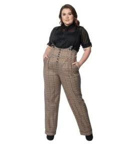 Unique Vintage Plus Size Dark Beige Windowpane Thelma Suspender Pants