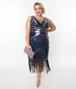 Unique Vintage Plus Size Dark Blue & Silver Deco Sequin Flapper Dress -Pleaser Clothing Store unique vintage plus size dark blue silver deco sequin flapper dress 696344
