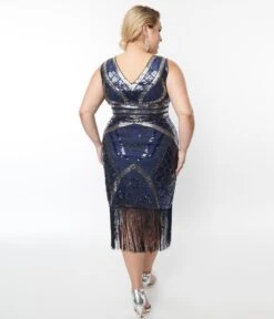 Unique Vintage Plus Size Dark Blue & Silver Deco Sequin Flapper Dress -Pleaser Clothing Store unique vintage plus size dark blue silver deco sequin flapper dress 727836