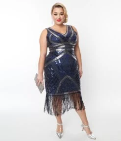Unique Vintage Plus Size Dark Blue & Silver Deco Sequin Flapper Dress -Pleaser Clothing Store unique vintage plus size dark blue silver deco sequin flapper dress 957001