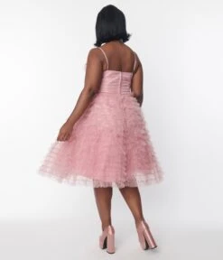 Unique Vintage Plus Size Dusty Rose Glitter Tulle Cupcake Swing Dress -Pleaser Clothing Store unique vintage plus size dusty rose glitter tulle cupcake swing dress 413298