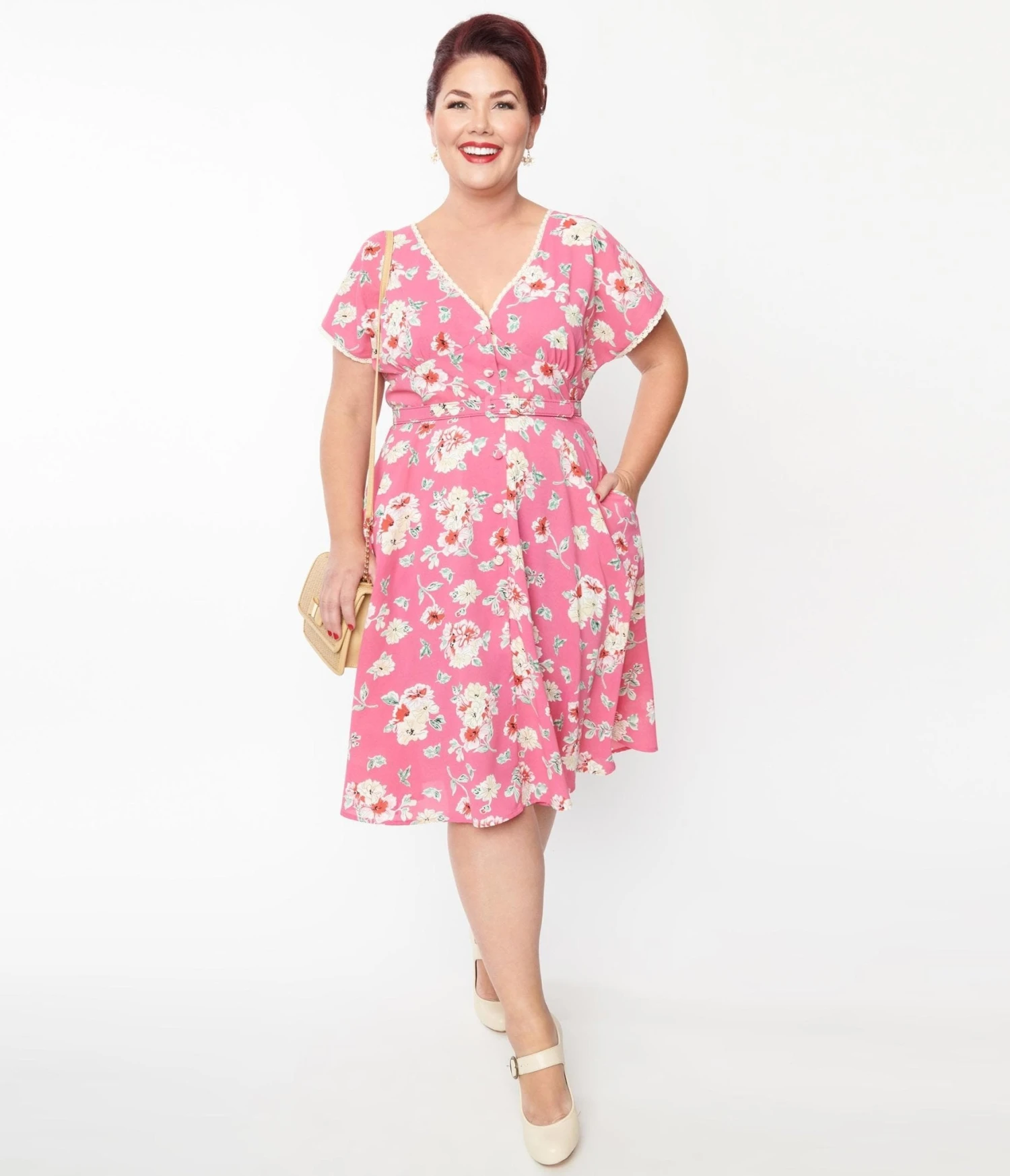 Unique Vintage Plus Size Fuchsia Floral Flutter Sleeve Swing Dress 4 Unique Vintage Plus Size Fuchsia Floral Flutter Sleeve Swing Dress - Image 4