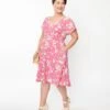 Unique Vintage Plus Size Fuchsia Floral Flutter Sleeve Swing Dress