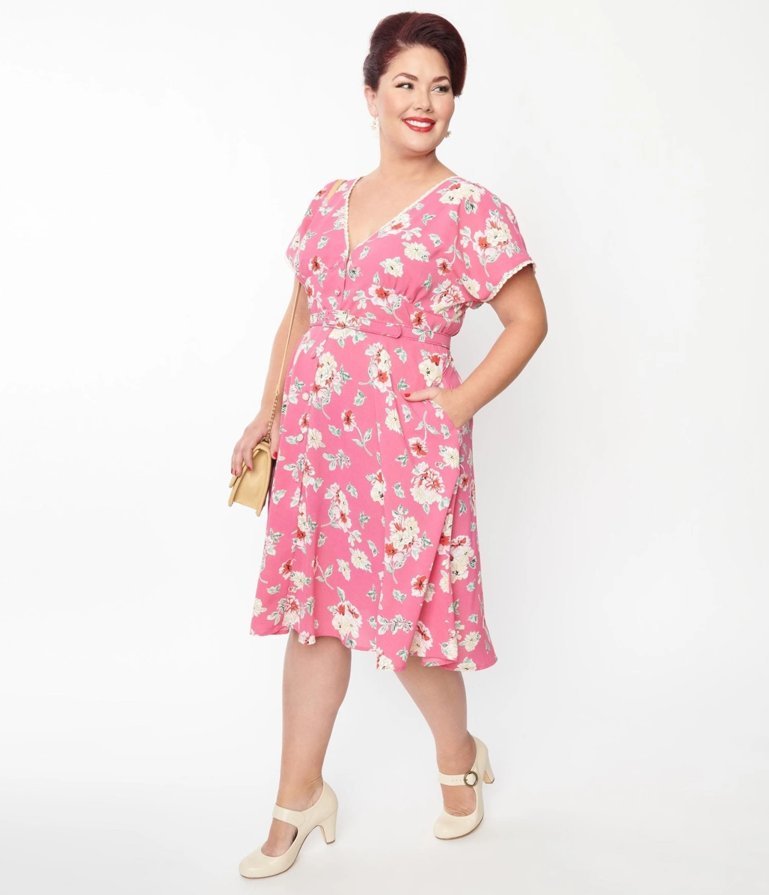 Unique Vintage Plus Size Fuchsia Floral Flutter Sleeve Swing Dress 1 Unique Vintage Plus Size Fuchsia Floral Flutter Sleeve Swing Dress
