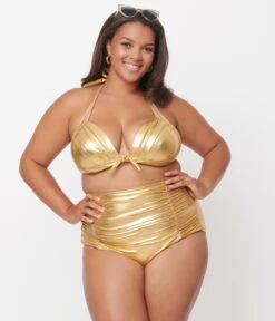 Unique Vintage Plus Size Gold Monroe Halter Swim Top -Pleaser Clothing Store unique vintage plus size gold monroe halter swim top 766095