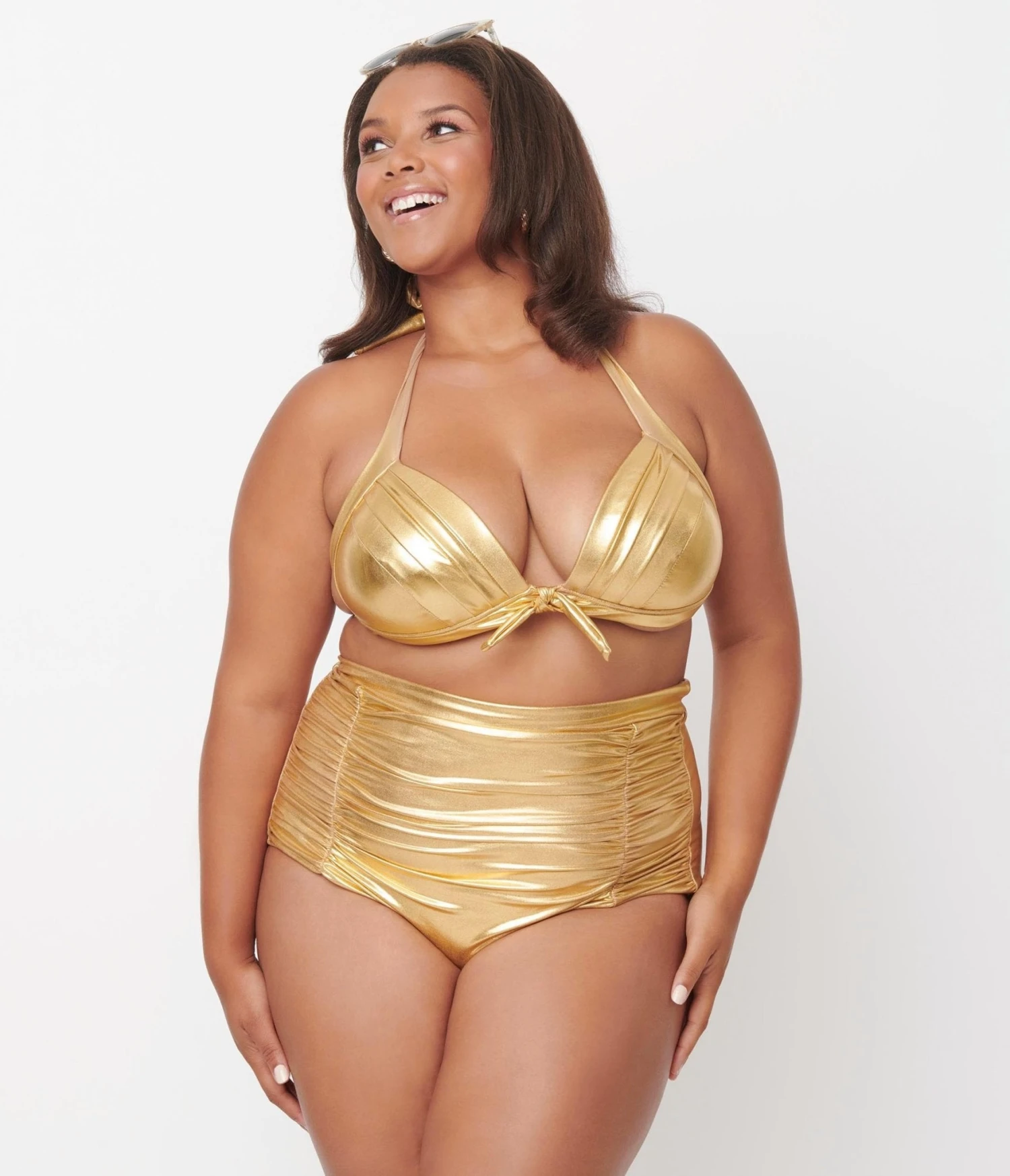 Unique Vintage Plus Size Gold Monroe High Waist Swim Bottom 4 Unique Vintage Plus Size Gold Monroe High Waist Swim Bottom - Image 4