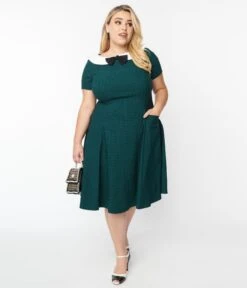 Unique Vintage Plus Size Green & Black Gingham Eloise Swing Dress -Pleaser Clothing Store unique vintage plus size green black gingham eloise swing dress 719382