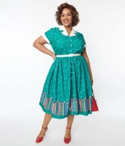 Unique Vintage Plus Size Green Classroom Alexis Swing Dress -Pleaser Clothing Store unique vintage plus size green classroom alexis swing dress 903177