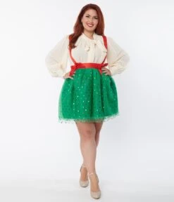 Unique Vintage Plus Size Green & Multi Polka Dot Tulle Suspender Mini Skirt -Pleaser Clothing Store unique vintage plus size green multi polka dot tulle suspender mini skirt 852862