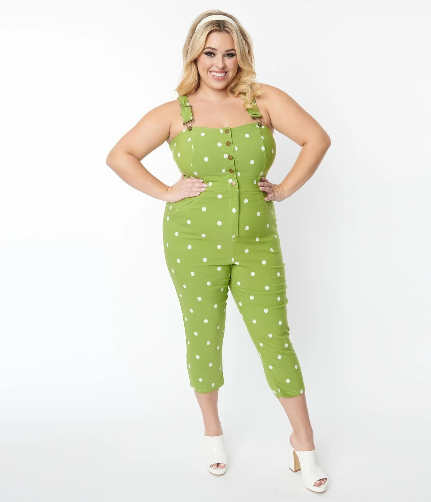 Unique Vintage Plus Size Green & White Dot Eartha Jumpsuit 3 Unique Vintage Plus Size Green & White Dot Eartha Jumpsuit - Image 3