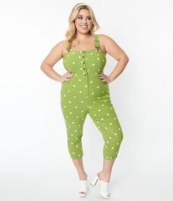 Unique Vintage Plus Size Green & White Dot Eartha Jumpsuit