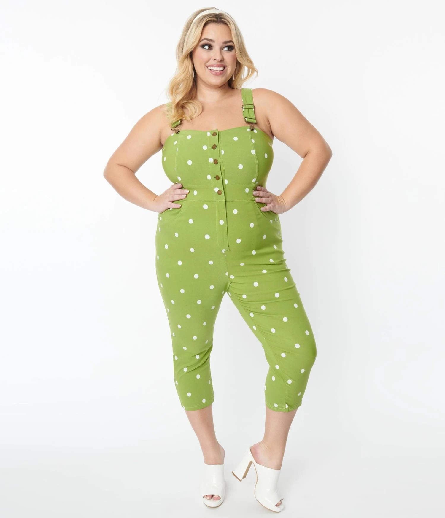 Unique Vintage Plus Size Green & White Dot Eartha Jumpsuit 1 Unique Vintage Plus Size Green & White Dot Eartha Jumpsuit