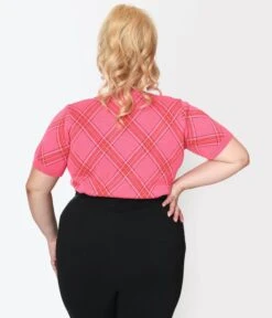 Unique Vintage Plus Size Hot Pink Bias Plaid Short Sleeve Sweater -Pleaser Clothing Store unique vintage plus size hot pink bias plaid short sleeve sweater 465021