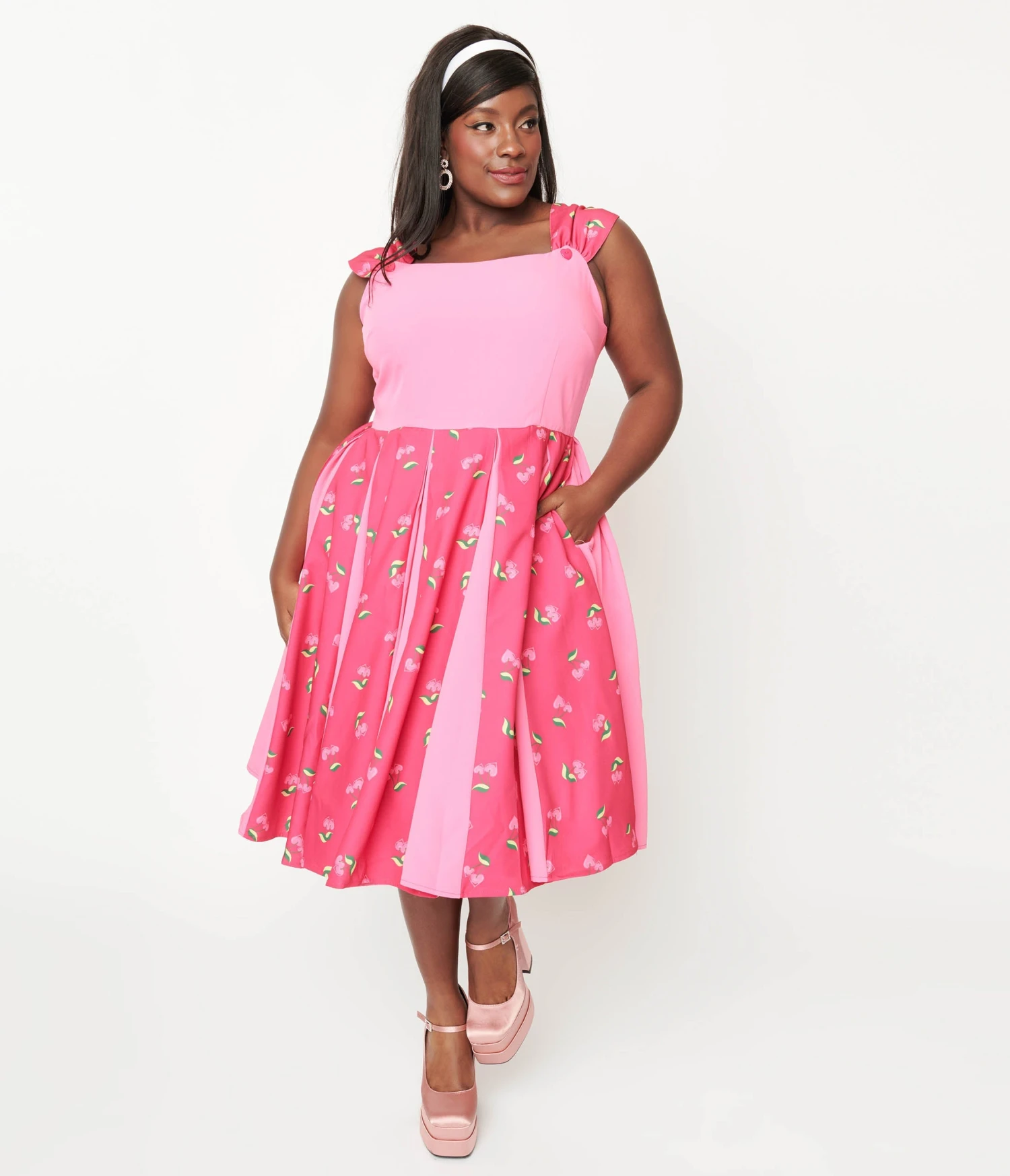 Unique Vintage Plus Size Hot Pink & Heart Cherry Stripe Swing Dress 2 Unique Vintage Plus Size Hot Pink & Heart Cherry Stripe Swing Dress - Image 2