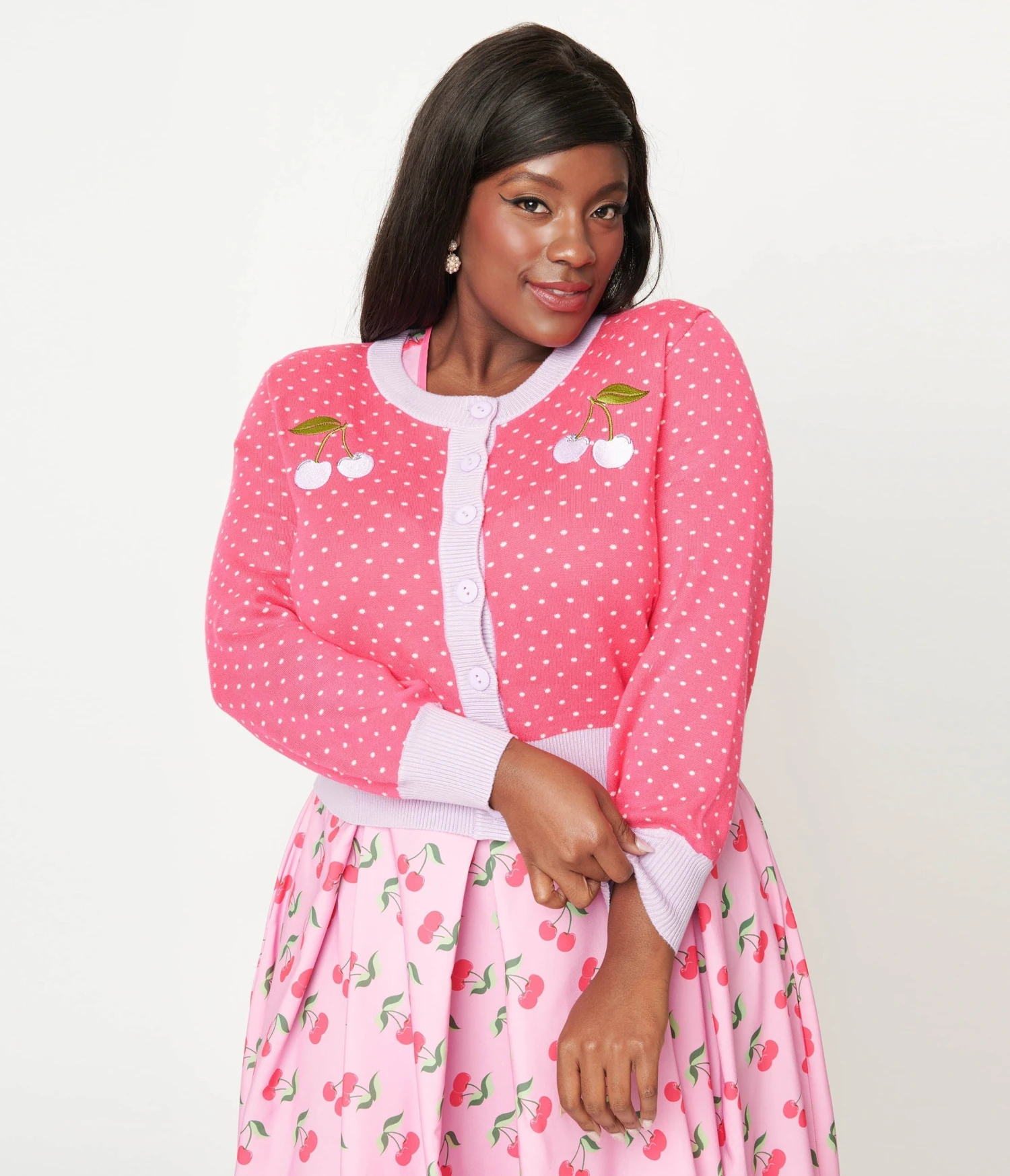 Unique Vintage Plus Size Hot Pink & Lavender Pin Dot Cherry Cropped Cardigan 1 Unique Vintage Plus Size Hot Pink & Lavender Pin Dot Cherry Cropped Cardigan