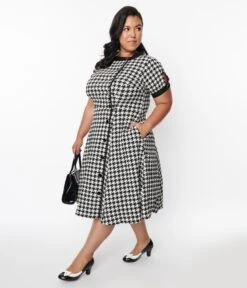Unique Vintage Plus Size Ivory & Black Houndstooth Swing Dress -Pleaser Clothing Store unique vintage plus size ivory black houndstooth swing dress 732940