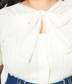 Unique Vintage Plus Size Ivory Lace Neck Tie Top -Pleaser Clothing Store unique vintage plus size ivory lace neck tie top 181043