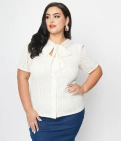 Unique Vintage Plus Size Ivory Lace Neck Tie Top -Pleaser Clothing Store unique vintage plus size ivory lace neck tie top 498563