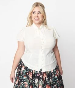 Unique Vintage Plus Size Ivory Tie Neck Button Blouse -Pleaser Clothing Store unique vintage plus size ivory tie neck button blouse 633797