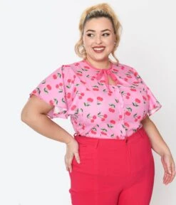 Unique Vintage Plus Size Lavender & Hot Pink Cherry Cecilia Blouse