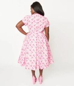 Unique Vintage Plus Size Lavender & Hot Pink Cherry Print Dahlia Swing Dress -Pleaser Clothing Store unique vintage plus size lavender hot pink cherry print dahlia swing dress 904496