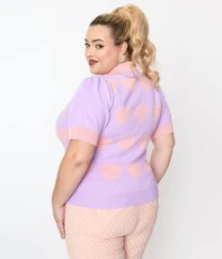 Unique Vintage Plus Size Lavender & Pink Hearts Short Sleeve Sweater -Pleaser Clothing Store unique vintage plus size lavender pink hearts short sleeve sweater 396563