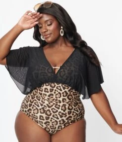 Unique Vintage Plus Size Leopard & Black Mesh Sleeved Torrey Swimsuit -Pleaser Clothing Store unique vintage plus size leopard black mesh sleeved torrey swimsuit 426944