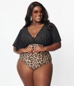 Unique Vintage Plus Size Leopard & Black Mesh Sleeved Torrey Swimsuit -Pleaser Clothing Store unique vintage plus size leopard black mesh sleeved torrey swimsuit 452247