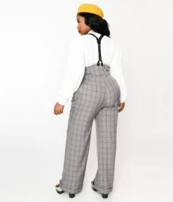 Unique Vintage Plus Size Light Grey Windowpane Thelma Suspender Pants -Pleaser Clothing Store unique vintage plus size light grey windowpane thelma suspender pants 501003