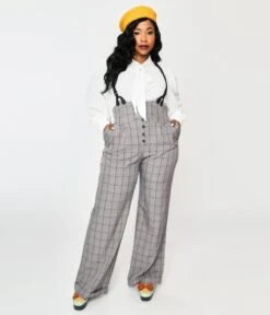 Unique Vintage Plus Size Light Grey Windowpane Thelma Suspender Pants