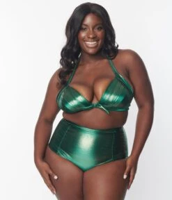 Unique Vintage Plus Size Metallic Emerald Monroe High Waist Swim Bottom