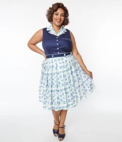 Unique Vintage Plus Size Navy Blue Shelby Romper -Pleaser Clothing Store unique vintage plus size navy blue shelby romper 534192