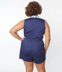 Unique Vintage Plus Size Navy Blue Shelby Romper -Pleaser Clothing Store unique vintage plus size navy blue shelby romper 558966